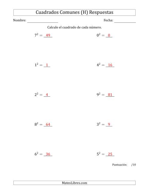 La hoja de ejercicios de Cuadrados de Números entre 0 y 9 (H) Página 2