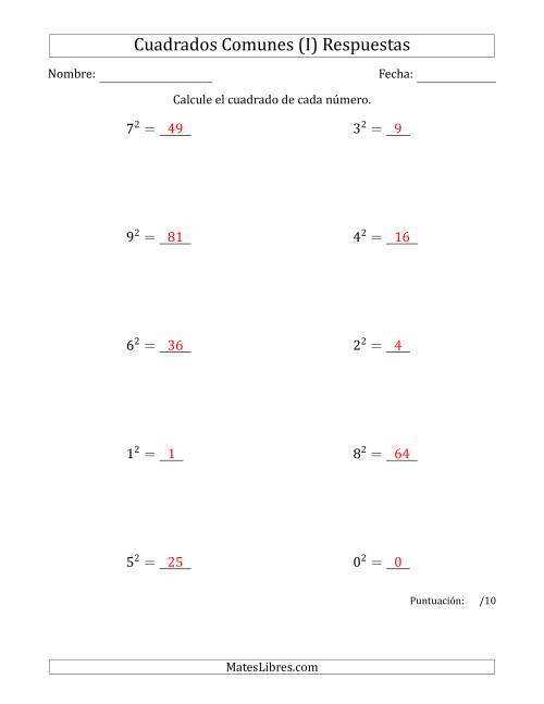 La hoja de ejercicios de Cuadrados de Números entre 0 y 9 (I) Página 2