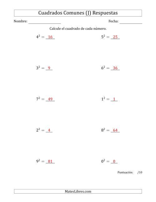 La hoja de ejercicios de Cuadrados de Números entre 0 y 9 (J) Página 2