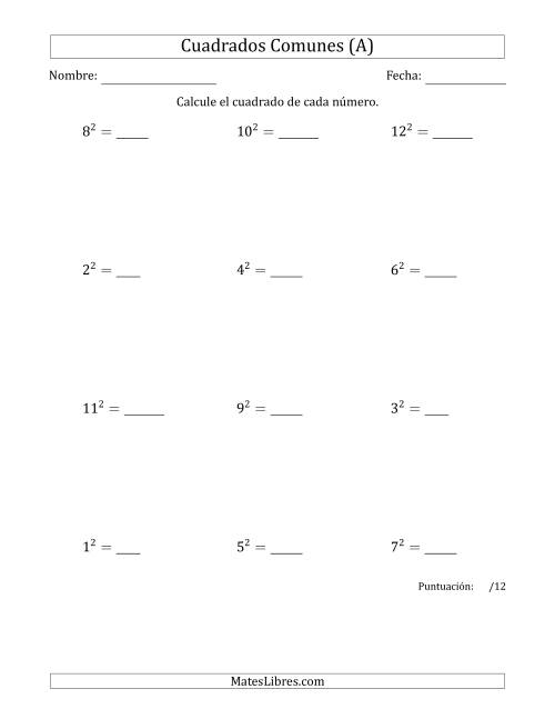 La hoja de ejercicios de Cuadrados de Números entre 1 y 12 (A)