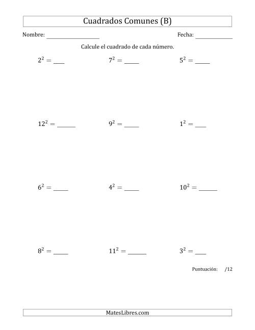 La hoja de ejercicios de Cuadrados de Números entre 1 y 12 (B)