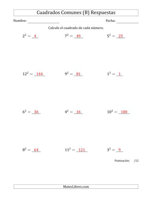 La hoja de ejercicios de Cuadrados de Números entre 1 y 12 (B) Página 2