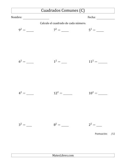La hoja de ejercicios de Cuadrados de Números entre 1 y 12 (C)