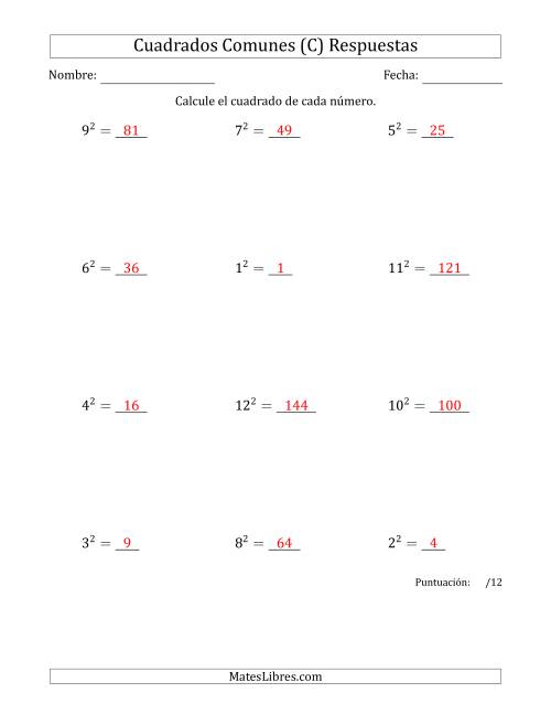 La hoja de ejercicios de Cuadrados de Números entre 1 y 12 (C) Página 2