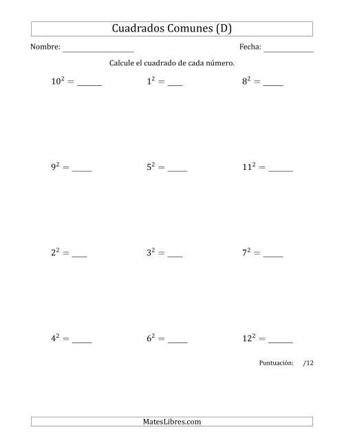 La hoja de ejercicios de Cuadrados de Números entre 1 y 12 (D)