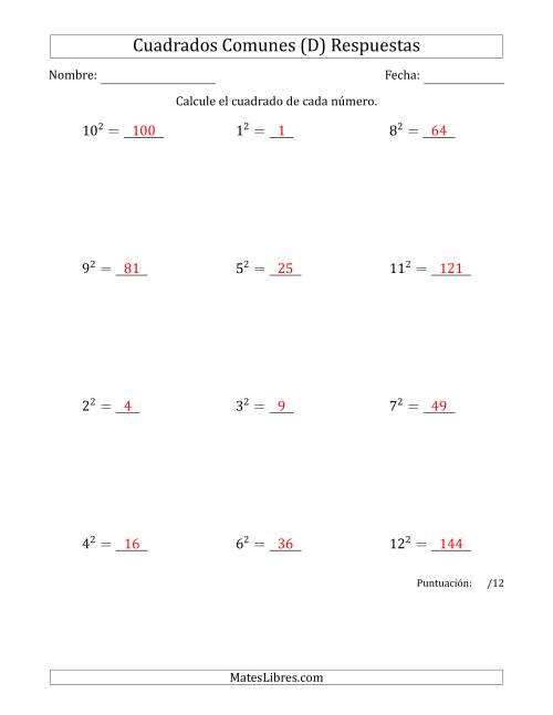 La hoja de ejercicios de Cuadrados de Números entre 1 y 12 (D) Página 2