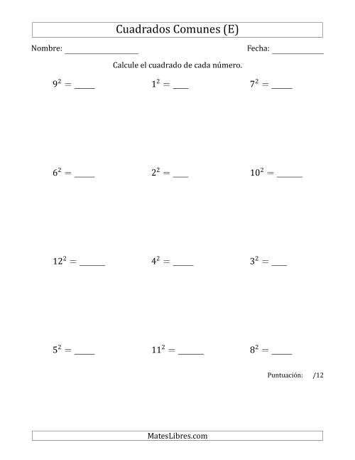 La hoja de ejercicios de Cuadrados de Números entre 1 y 12 (E)