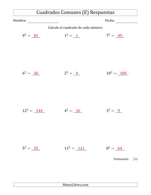 La hoja de ejercicios de Cuadrados de Números entre 1 y 12 (E) Página 2