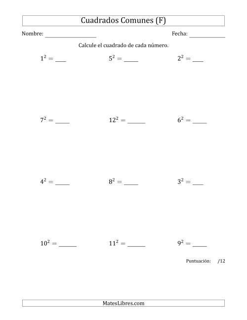 La hoja de ejercicios de Cuadrados de Números entre 1 y 12 (F)