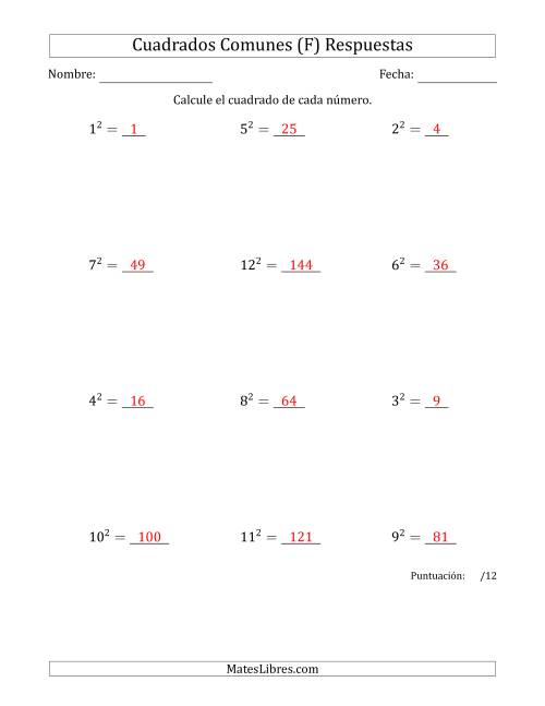 La hoja de ejercicios de Cuadrados de Números entre 1 y 12 (F) Página 2