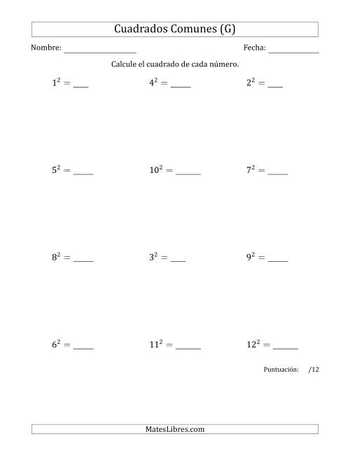 La hoja de ejercicios de Cuadrados de Números entre 1 y 12 (G)