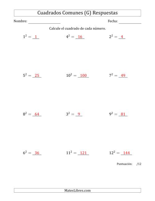 La hoja de ejercicios de Cuadrados de Números entre 1 y 12 (G) Página 2