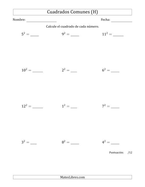 La hoja de ejercicios de Cuadrados de Números entre 1 y 12 (H)