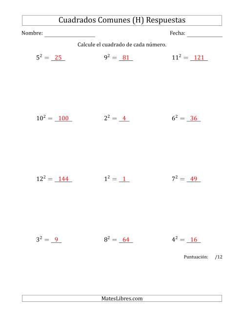 La hoja de ejercicios de Cuadrados de Números entre 1 y 12 (H) Página 2