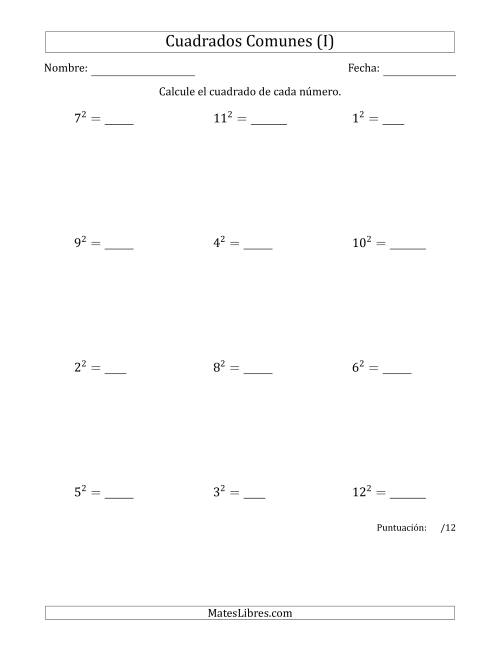 La hoja de ejercicios de Cuadrados de Números entre 1 y 12 (I)