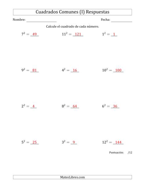 La hoja de ejercicios de Cuadrados de Números entre 1 y 12 (I) Página 2