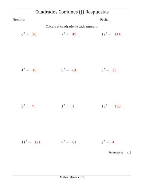 La hoja de ejercicios de Cuadrados de Números entre 1 y 12 (J) Página 2