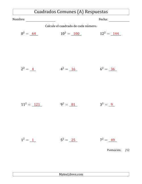 La hoja de ejercicios de Cuadrados de Números entre 1 y 12 (Todas) Página 2