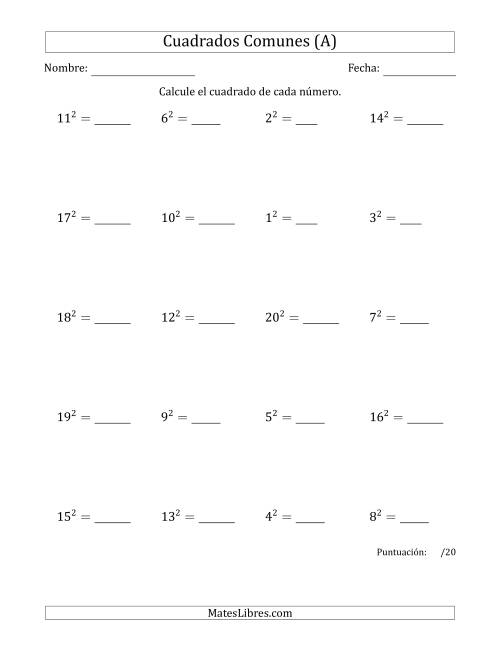 La hoja de ejercicios de Cuadrados de Números entre 1 y 20 (A)