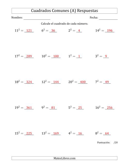La hoja de ejercicios de Cuadrados de Números entre 1 y 20 (A) Página 2