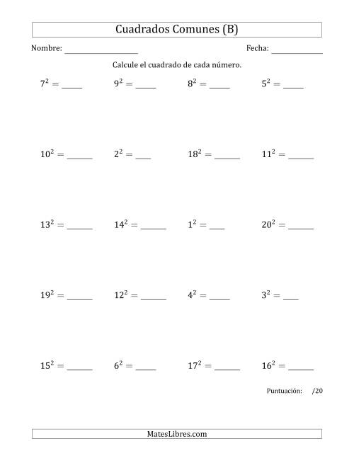 La hoja de ejercicios de Cuadrados de Números entre 1 y 20 (B)