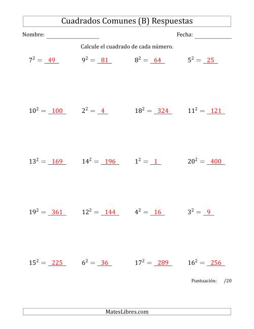 La hoja de ejercicios de Cuadrados de Números entre 1 y 20 (B) Página 2