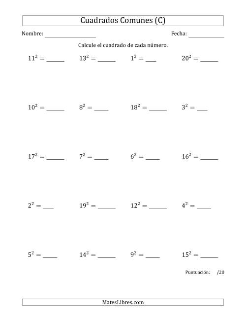 La hoja de ejercicios de Cuadrados de Números entre 1 y 20 (C)