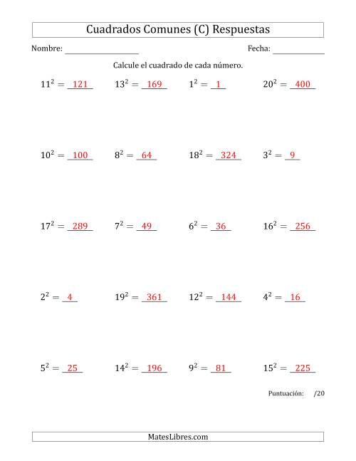 La hoja de ejercicios de Cuadrados de Números entre 1 y 20 (C) Página 2
