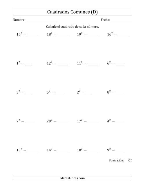 La hoja de ejercicios de Cuadrados de Números entre 1 y 20 (D)