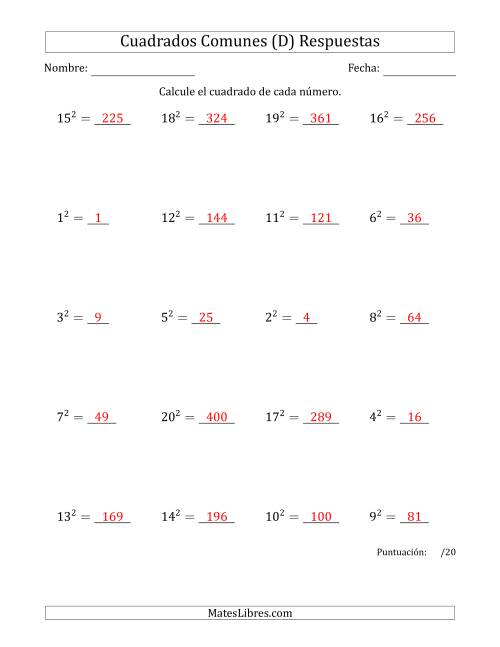 La hoja de ejercicios de Cuadrados de Números entre 1 y 20 (D) Página 2