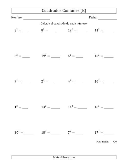 La hoja de ejercicios de Cuadrados de Números entre 1 y 20 (E)