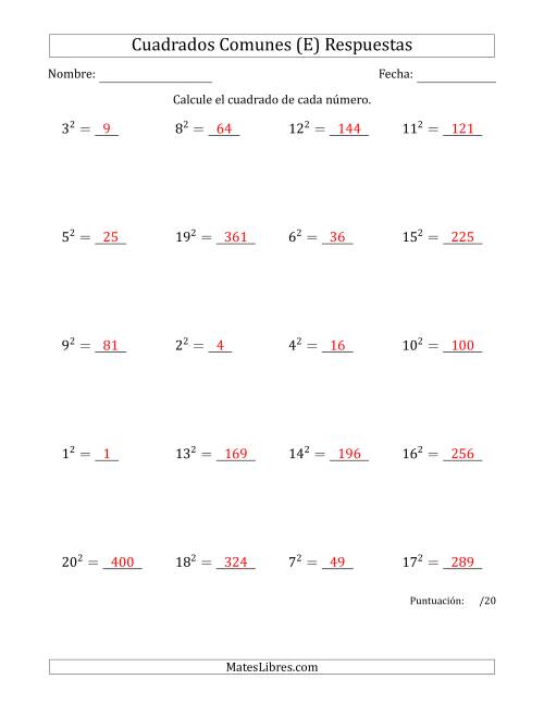 La hoja de ejercicios de Cuadrados de Números entre 1 y 20 (E) Página 2