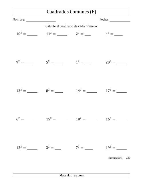 La hoja de ejercicios de Cuadrados de Números entre 1 y 20 (F)