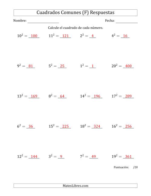 La hoja de ejercicios de Cuadrados de Números entre 1 y 20 (F) Página 2