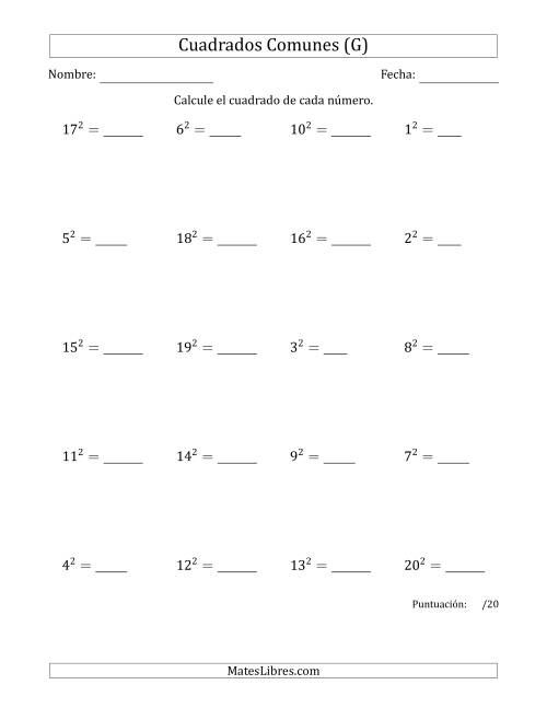 La hoja de ejercicios de Cuadrados de Números entre 1 y 20 (G)