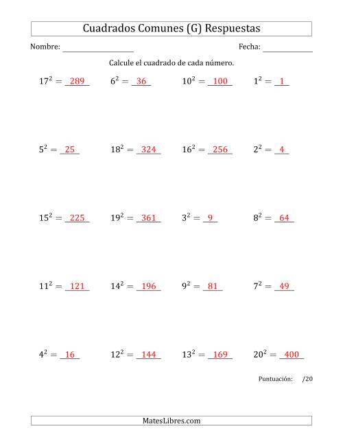 La hoja de ejercicios de Cuadrados de Números entre 1 y 20 (G) Página 2