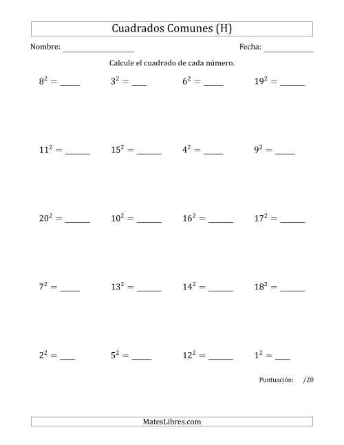 La hoja de ejercicios de Cuadrados de Números entre 1 y 20 (H)