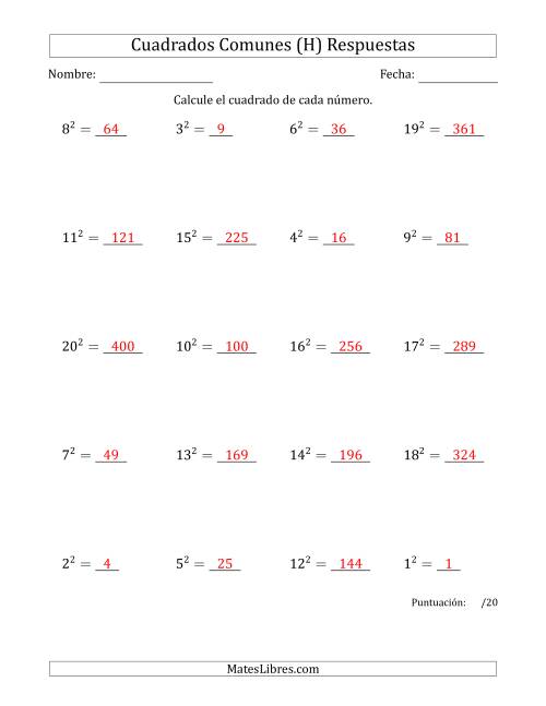La hoja de ejercicios de Cuadrados de Números entre 1 y 20 (H) Página 2