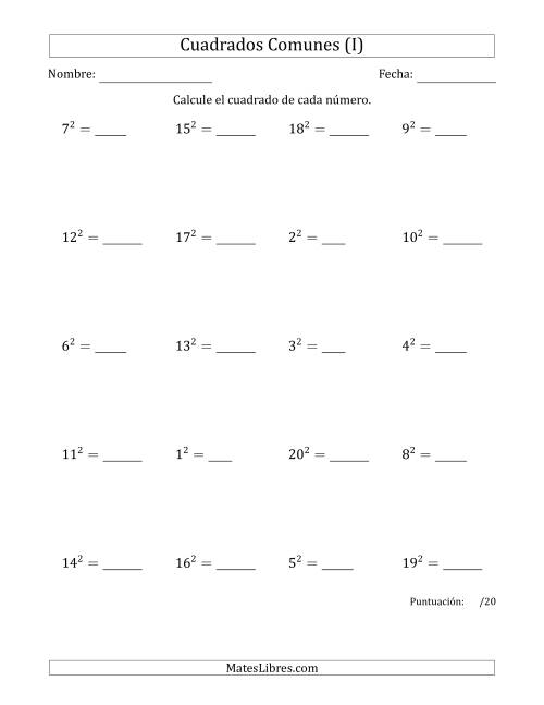 La hoja de ejercicios de Cuadrados de Números entre 1 y 20 (I)