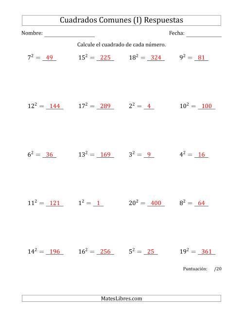 La hoja de ejercicios de Cuadrados de Números entre 1 y 20 (I) Página 2