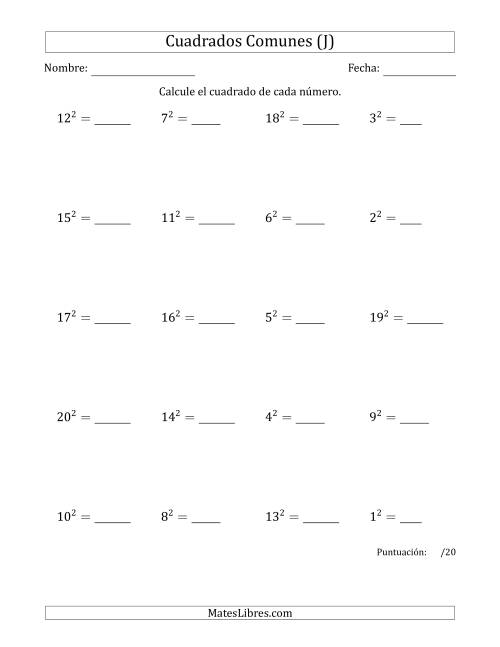 La hoja de ejercicios de Cuadrados de Números entre 1 y 20 (J)