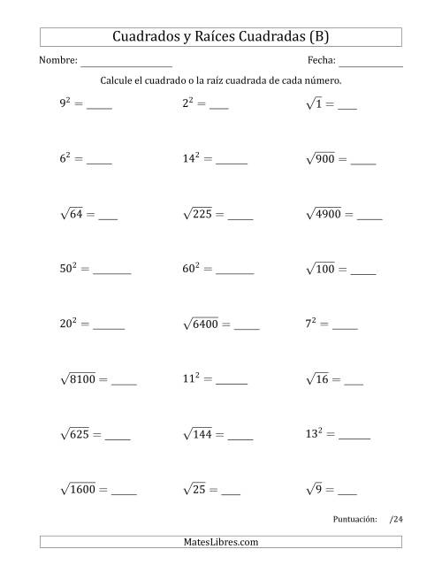 La hoja de ejercicios de Cuadrados y Raíces Cuadradas de 1 a 15, 20, 25 y otros múltiplos de 10 (B)