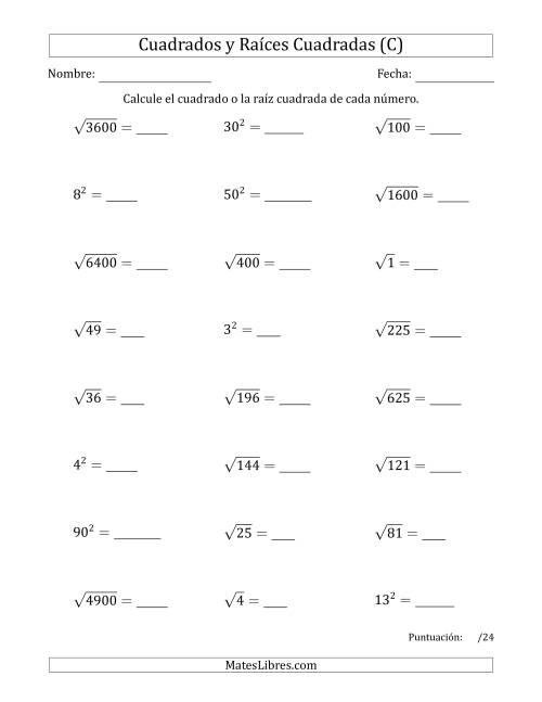 La hoja de ejercicios de Cuadrados y Raíces Cuadradas de 1 a 15, 20, 25 y otros múltiplos de 10 (C)