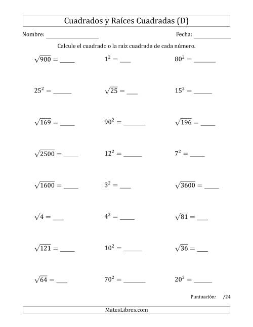 La hoja de ejercicios de Cuadrados y Raíces Cuadradas de 1 a 15, 20, 25 y otros múltiplos de 10 (D)