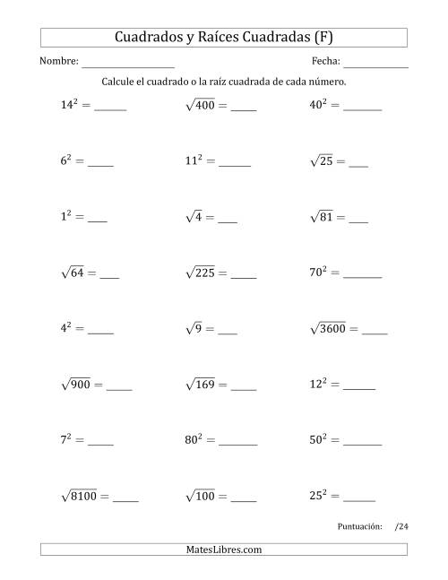 La hoja de ejercicios de Cuadrados y Raíces Cuadradas de 1 a 15, 20, 25 y otros múltiplos de 10 (F)