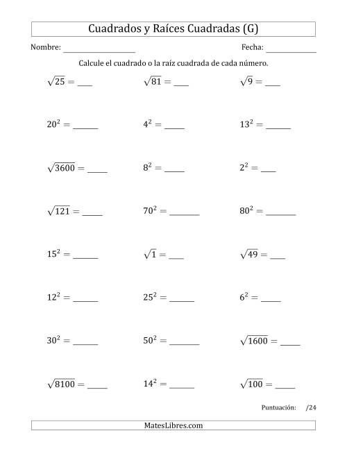 La hoja de ejercicios de Cuadrados y Raíces Cuadradas de 1 a 15, 20, 25 y otros múltiplos de 10 (G)
