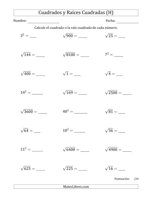 La hoja de ejercicios de Cuadrados y Raíces Cuadradas de 1 a 15, 20, 25 y otros múltiplos de 10 (H)