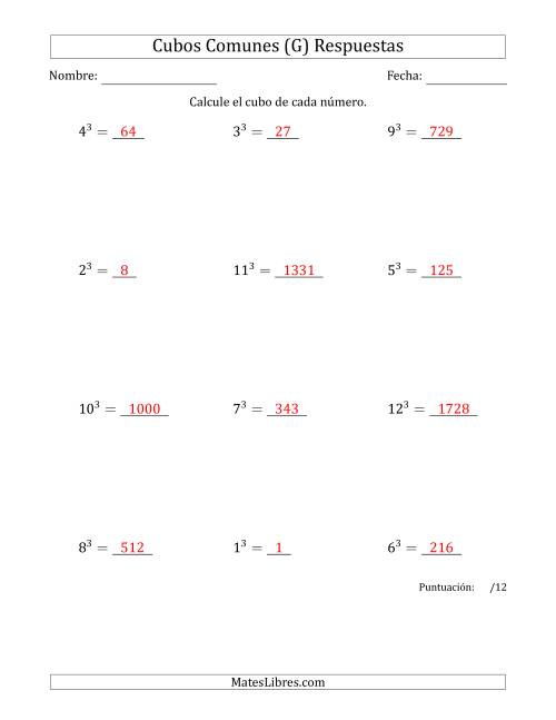 La hoja de ejercicios de Cubos de los números de 1 a 12 (G) Página 2