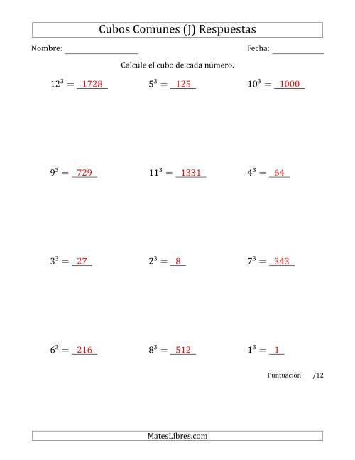 La hoja de ejercicios de Cubos de los números de 1 a 12 (J) Página 2