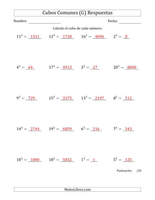 La hoja de ejercicios de Cubos de los números de 1 a 20 (G) Página 2